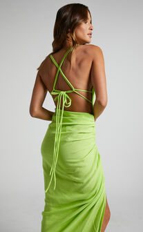 Khari Midi Dress - Strappy Back Ruched Slip Dress in Lime