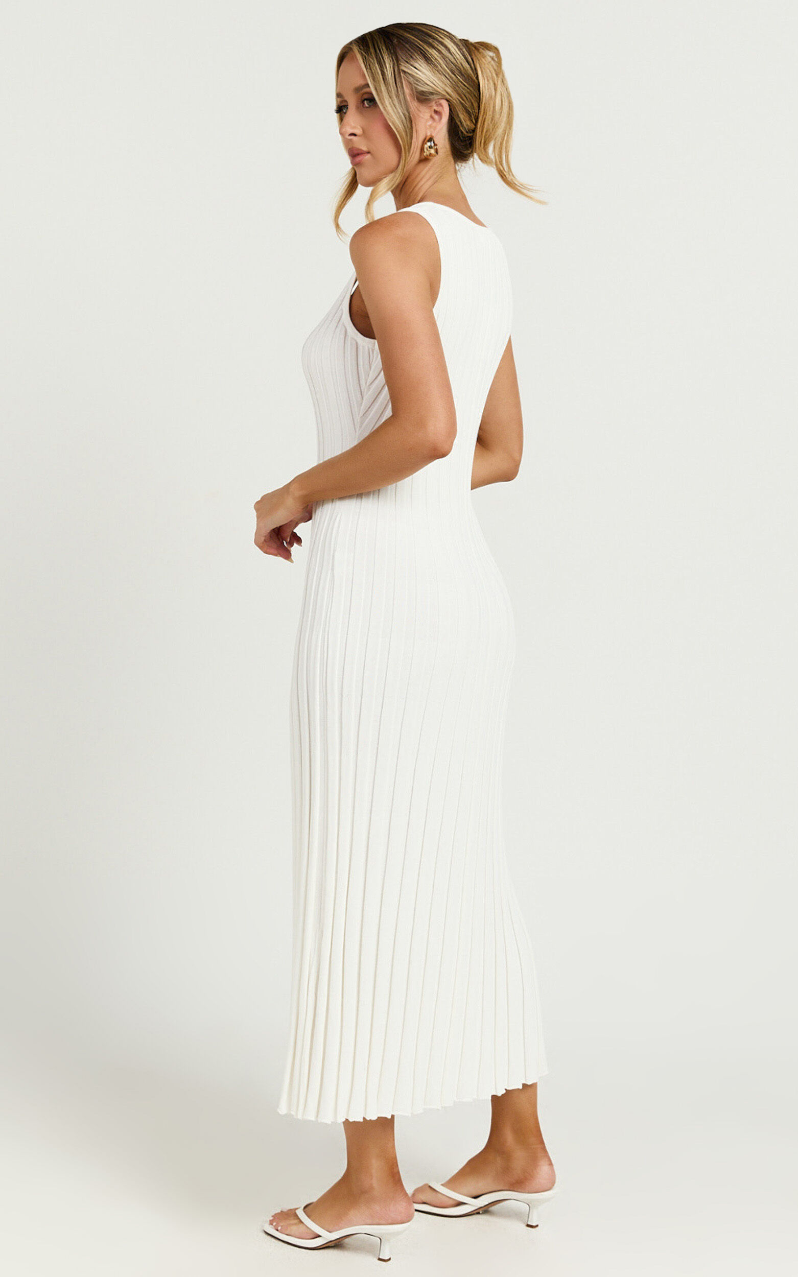 Maya Midi Knit Dress Sleeveless V Neck Knited Dress in White Showpo