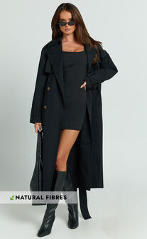 Avah Trench Coat - Double Breasted Tie Waist Coat in Black