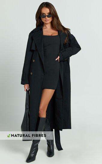 Avah Trench Coat - Double Breasted Tie Waist Coat in Black