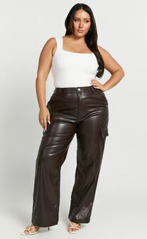 Elviera Pants - High Waisted Faux Leather Cargo Pants in Dark Chocolate