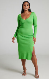Clymene Midi Dress - Side Cut Out Knit Dress in Lime