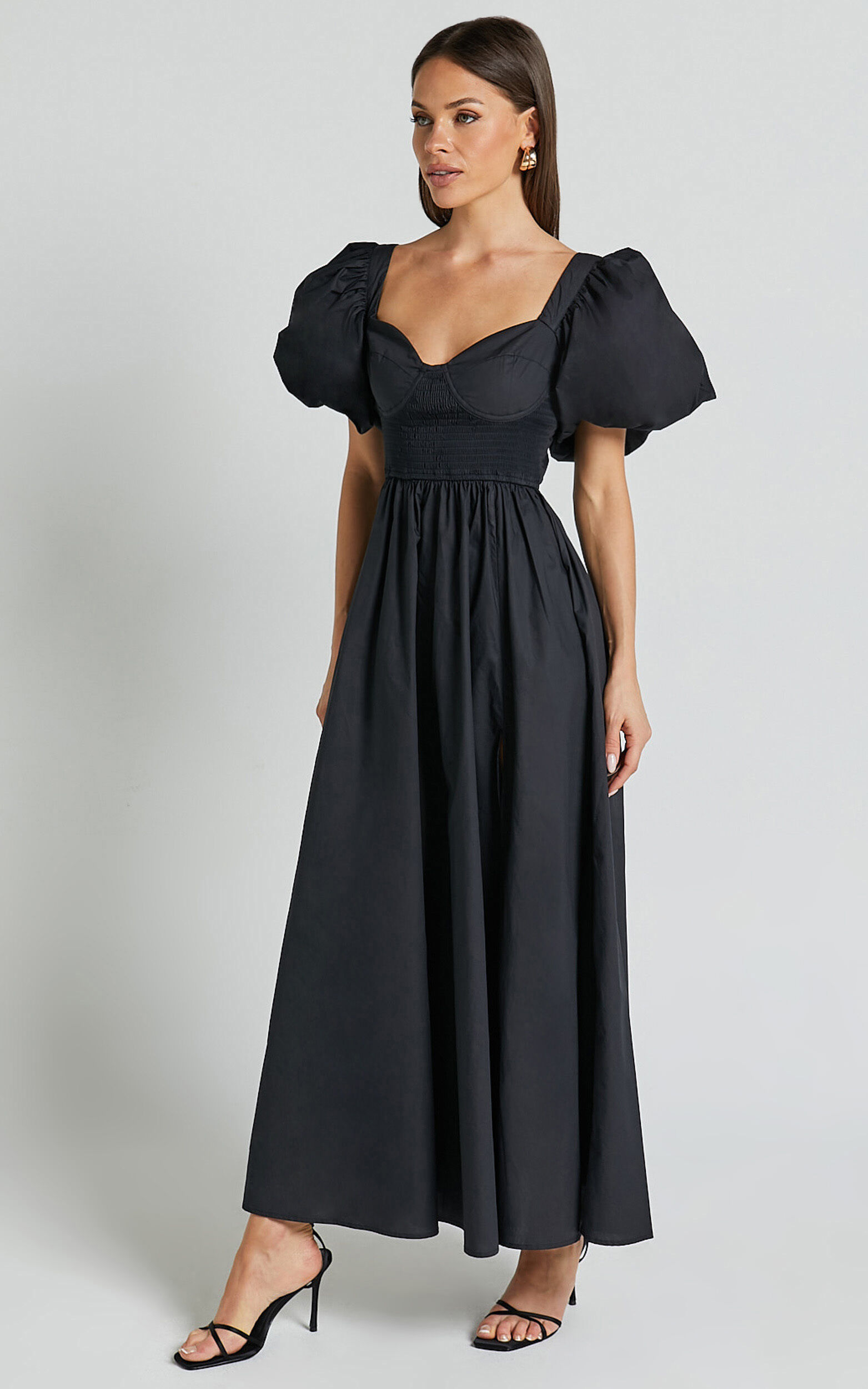 Raiza Midi Dress Shirred Waist Puff Sleeve Dress in Black