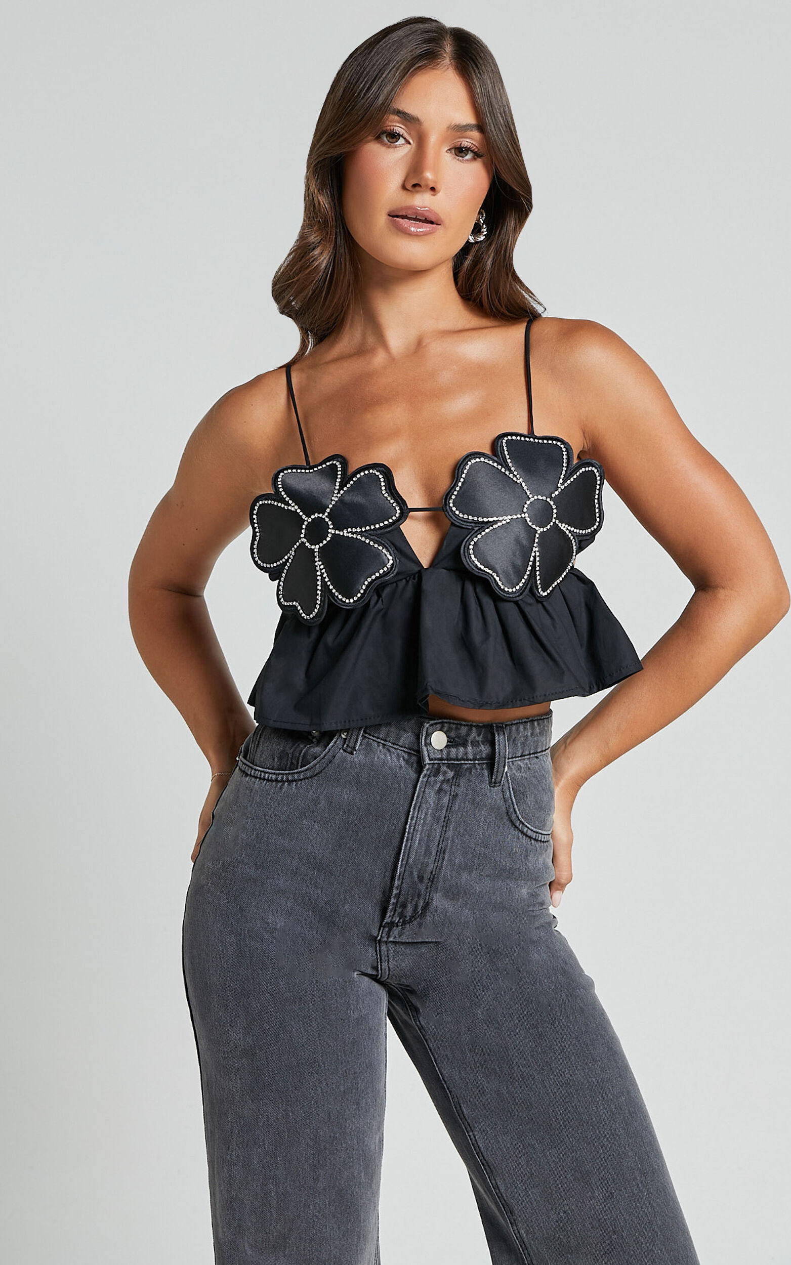 Alberta Top - Rhinestone Flower Detail Babydoll Crop in Black - 06, BLK1