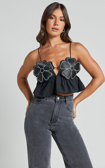 Alberta Top - Rhinestone Flower Detail Babydoll Crop in Black
