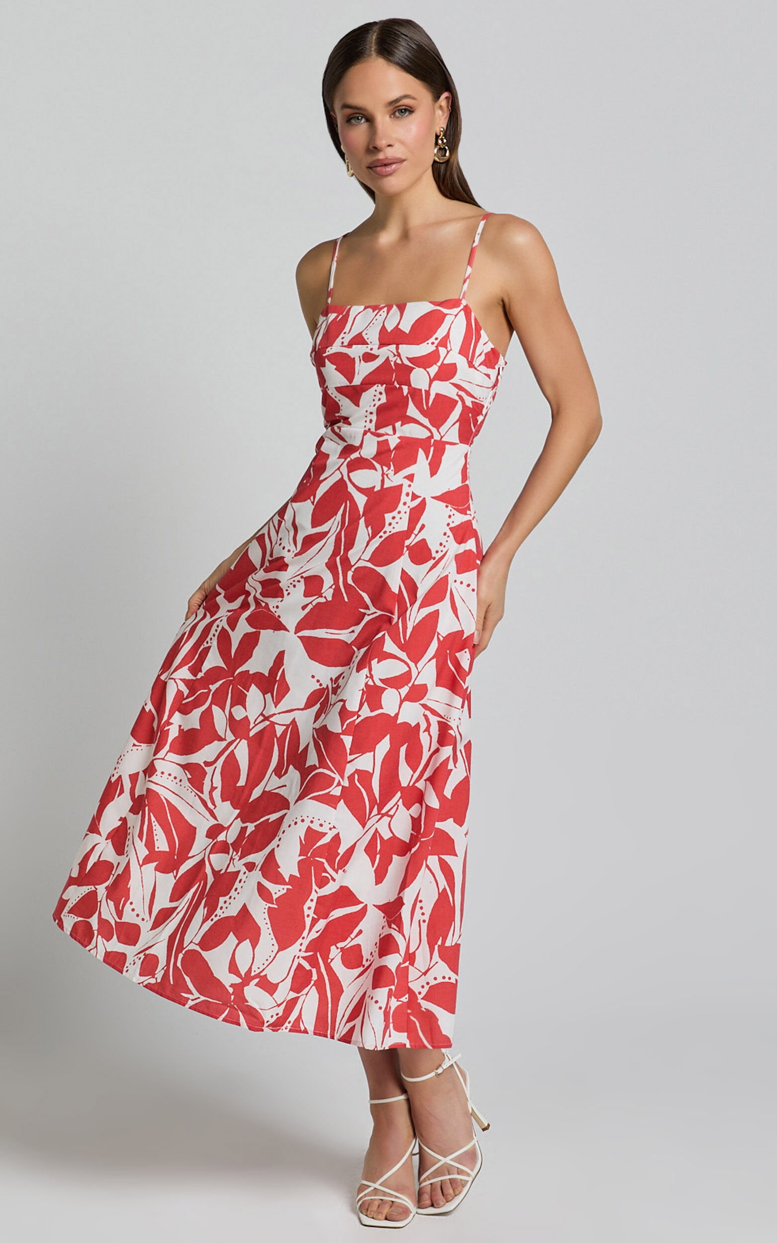 Nylia Midi Dress Strappy Fit and Flare Dress in Red Floral
