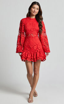 Kiss Me Now Mini Dress - Long Puff Sleeve Dress in Red Floral