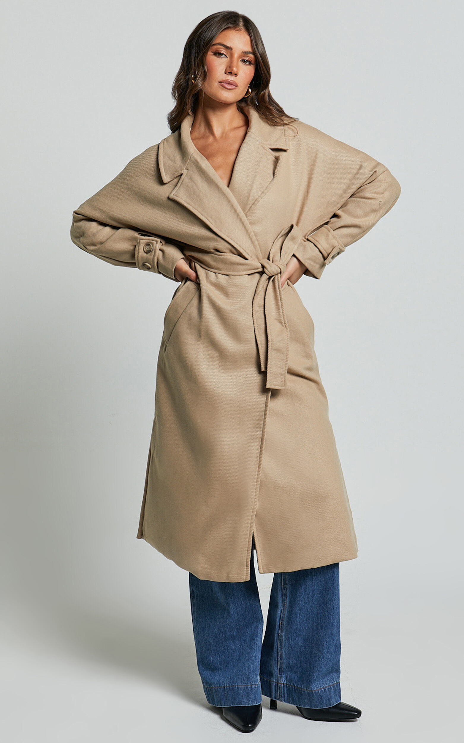 Camel longline belted coat clearance