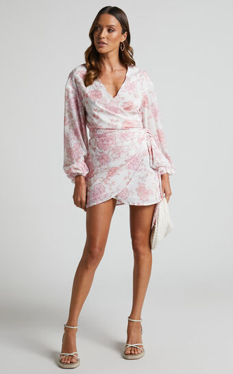 Ebielle Mini Dress - Wrap Front Long Sleeve Dress in Pastel Spring Floral