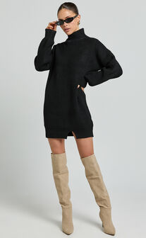 Tianna Mini Dress - Knitted Side Split Jumper Dress in Black