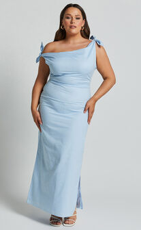 Cincinnati Midi Dress - Off The Shoulder Side Split Column Linen Look Dress in Pale Blue