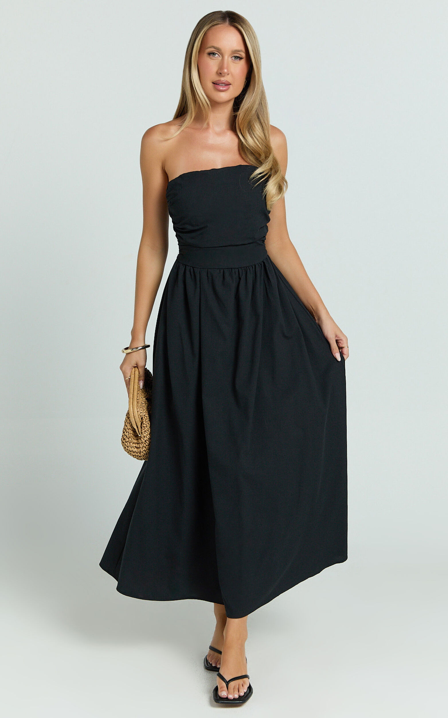 Polly Midi Dress - Strapless Ruched Dress in Black - 06, BLK1