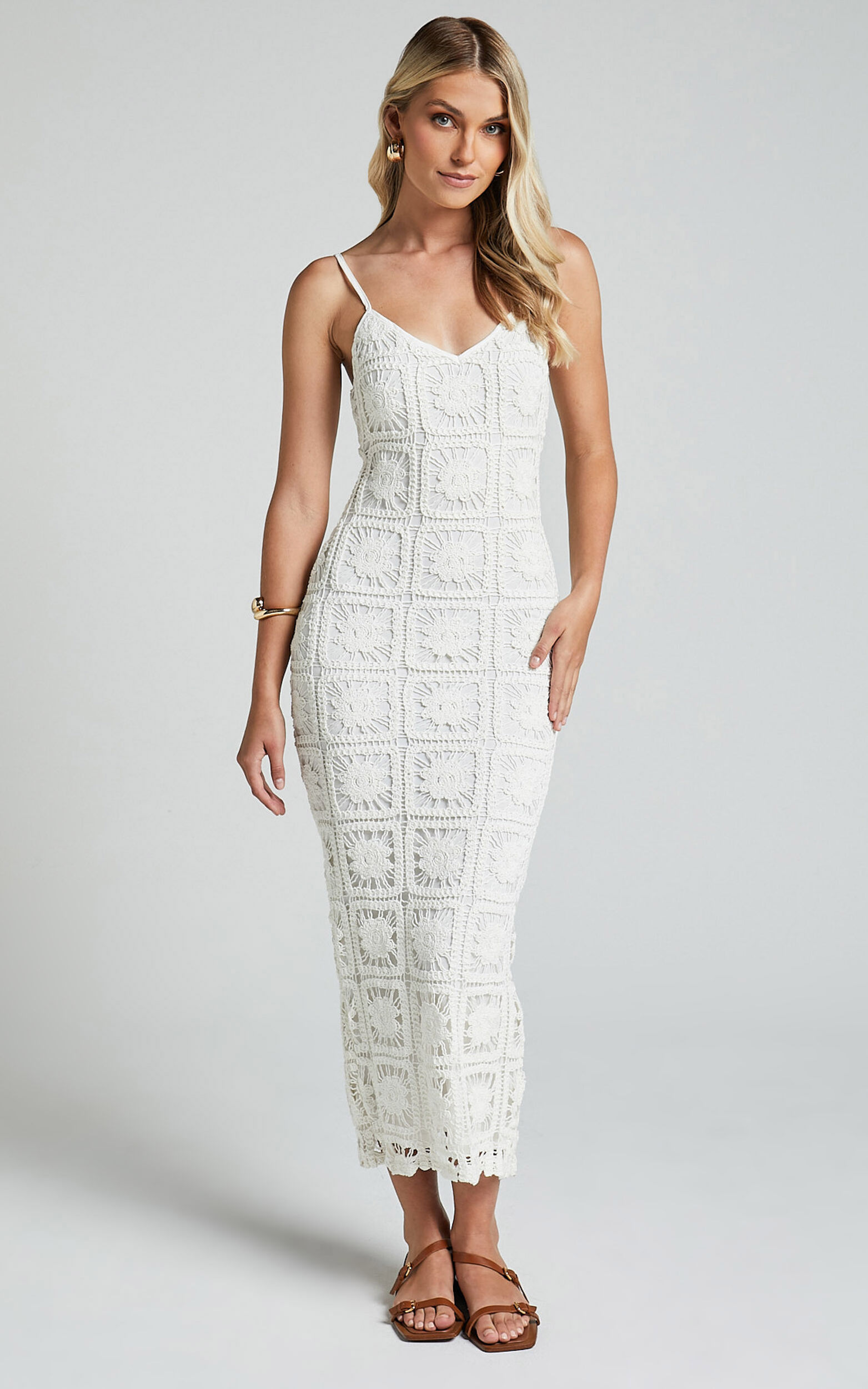 Antwerp Midi Dress - Strappy Bodycon Dress in White Crochet - 06, WHT1