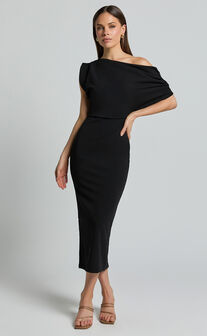 Nalfie Midi Dress - Tipped Shoulder Jersey Drape Dress in Black