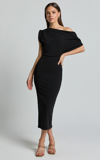 Nalfie Midi Dress - Tipped Shoulder Jersey Drape Dress in Black