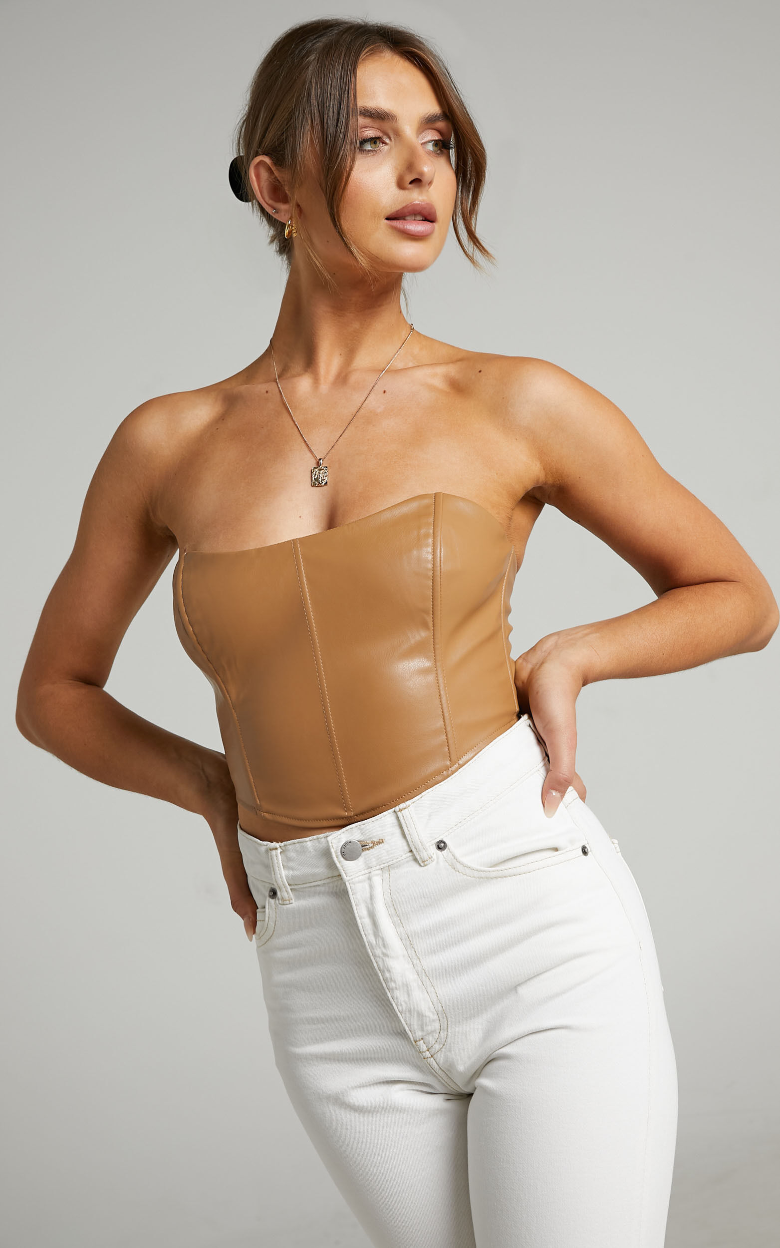 Lorrin Corset - Faux Leather Cropped Corset in Beige - 06, NEU1
