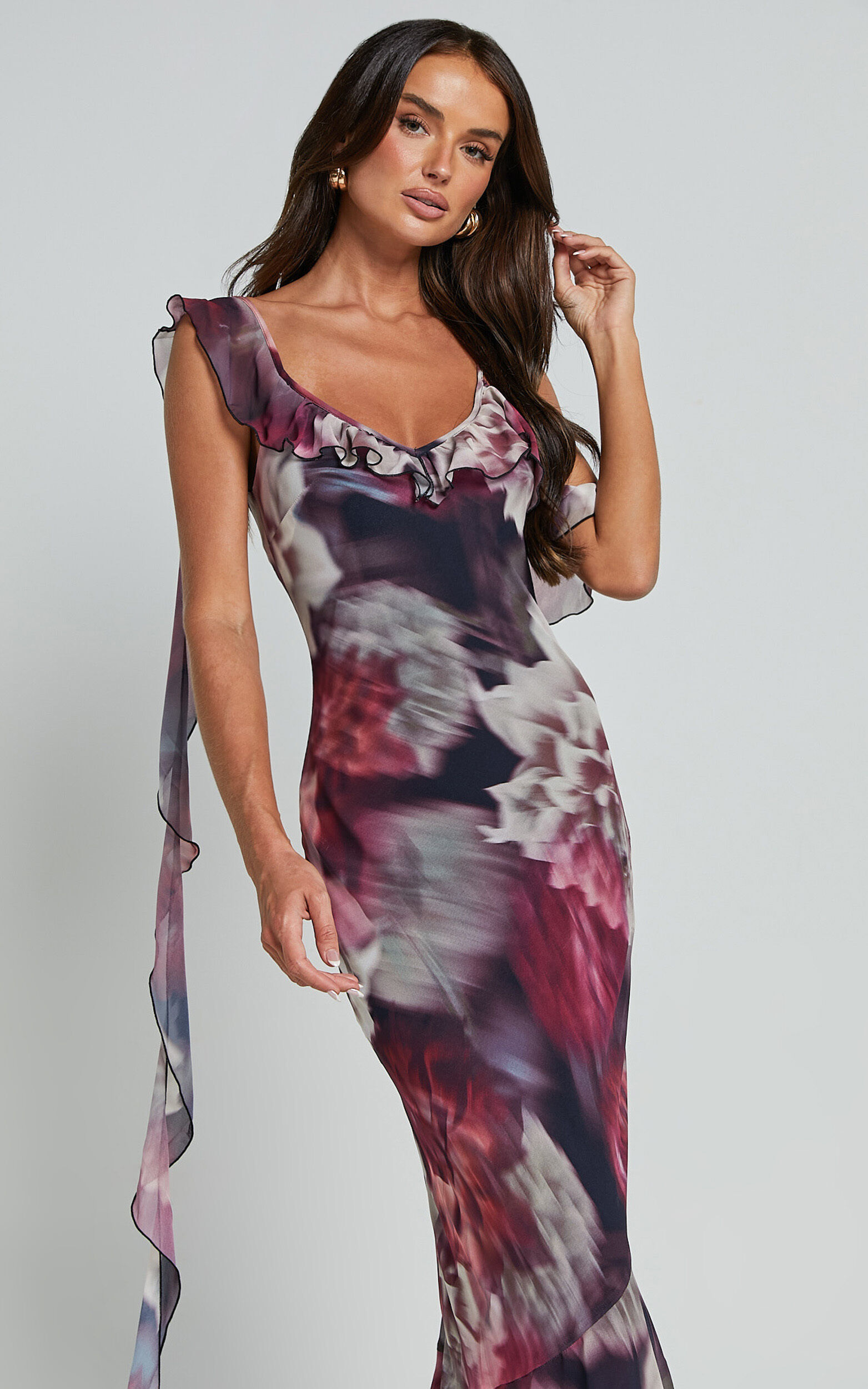 Riley Maxi Dress Asymmetric Ruffle Detail Maxi Dress in Mariache Rose Showpo USA