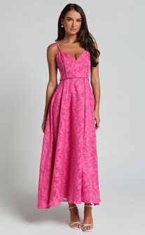 Philine Midi Dress - Jacquard Plunge Fit and Flare Dress in Pink