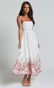 Abellina Midi Dress - Spaghetti Strap Sundress With Contrasting Wave Stitching in White