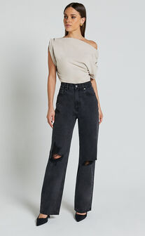 Miho Jeans - High Waisted Recycled Cotton Distressed Straight Leg Denim Jeans in Washed Black