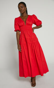 Mellie Midi Dress - Puff Sleeve Plunge Tiered Dress in Cherry Tomato