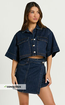 Katherine Mini Skirt - Cross Front Recycled Denim Skirt in Dark Blue Wash