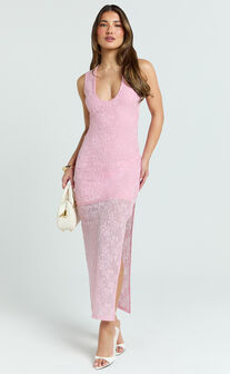 Eira Midi Dress - Jacquard Plunge Bodycon Dress in Pink