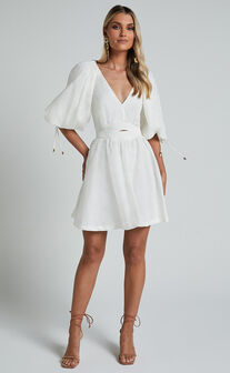 Amalie The Label - Movida Linen Blend Balloon Sleeve Crossover Band Mini Dress in White