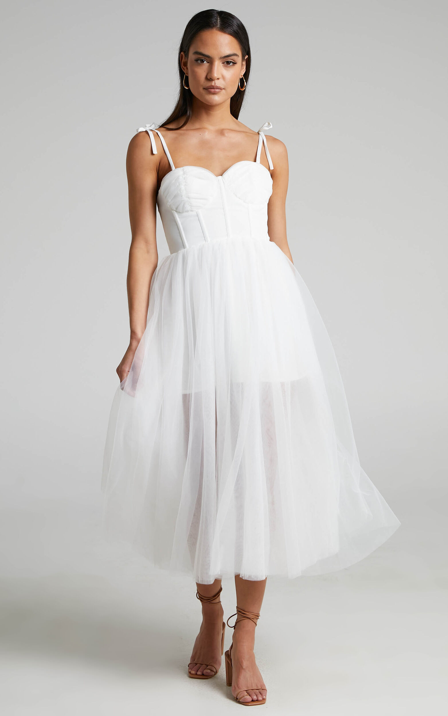 Aisha Midi Dress - Bustier Bodice Tulle Dress in White - 06, WHT1