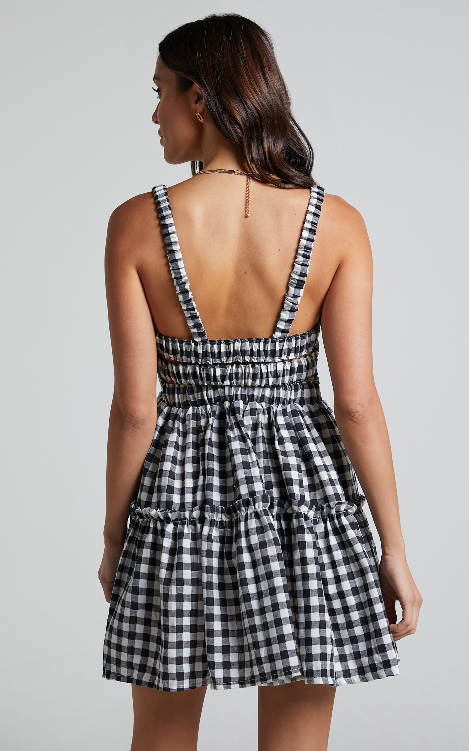 Wilda Mini Dress - Shirred Tiered Dress in Black and White