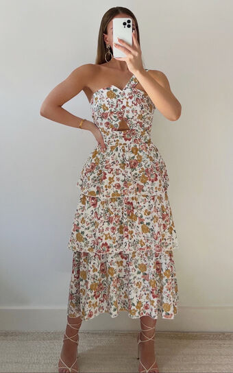 Caro Midi Dress  One Shoulder Tiered in Multi Floral Showpo