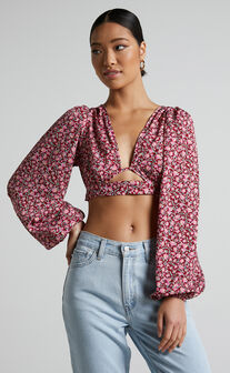 Glenda Blouse - Puff Sleeve Cut Out Open Back Blouse in Red Floral