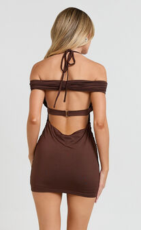 Gabriel Mini Dress - Halter Tie Back Bodycon Dress in Chocolate