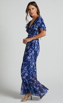 Dylana Midi Dress - V Neck Flutter Sleeve Dress in Navy Swirl