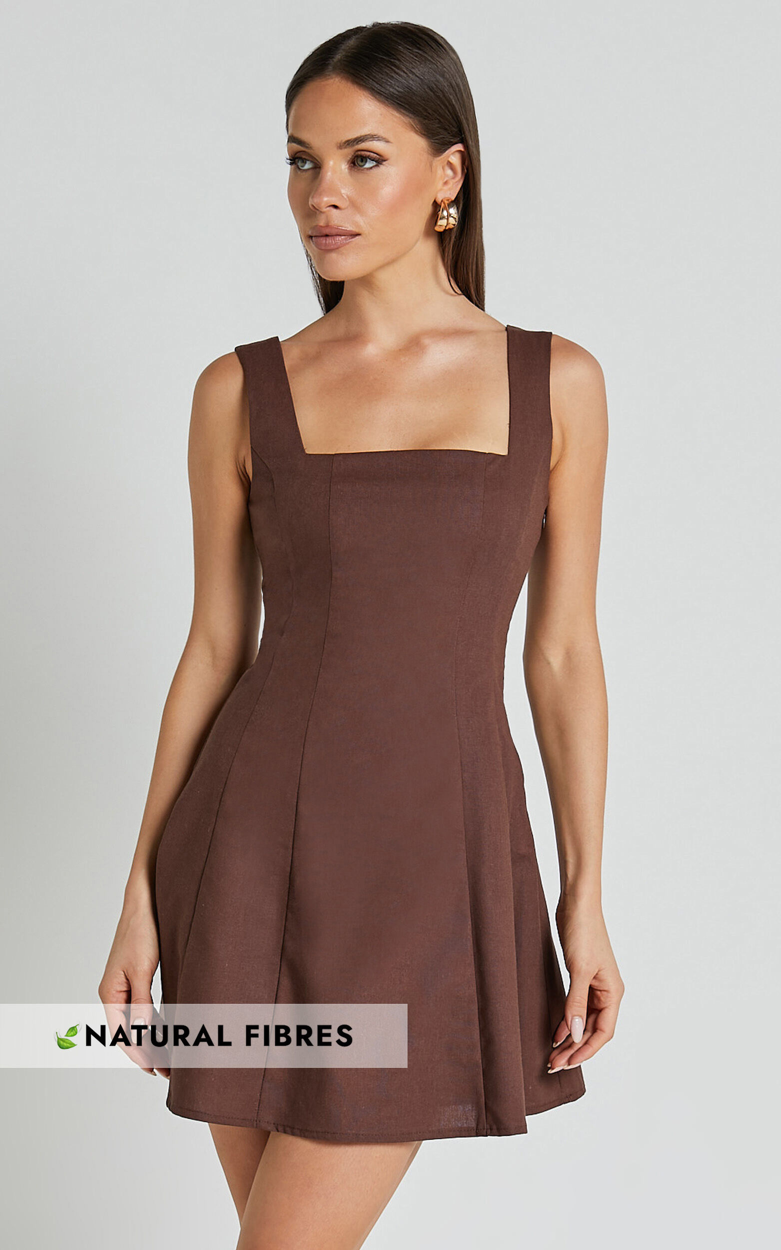 Adiana Mini Dress - Linen Square Neck Shirred Back A Line Dress in Chocolate - 06, BRN1