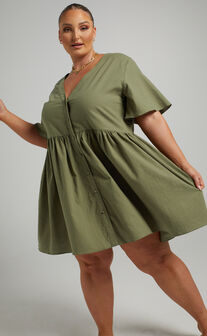 Staycation Mini Dress - Smock Button Up Dress in Khaki