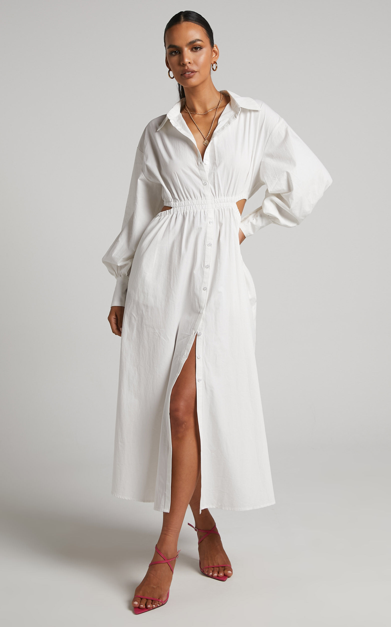 Merabelle Midi Dress Side Cut Out Collared Long Sleeve Shirt Dress in White
