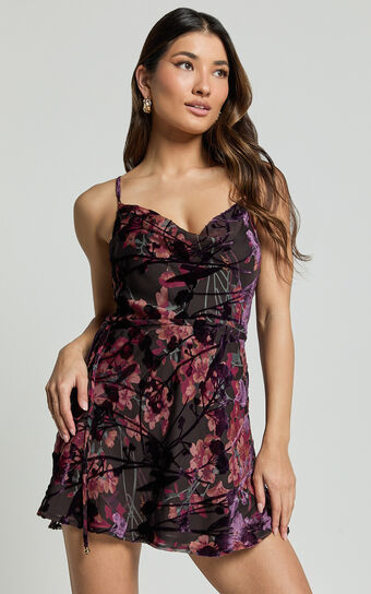 Mariana Mini Dress - Cowl Neck Drawstring Waist Slip Dress in Burn Out Floral