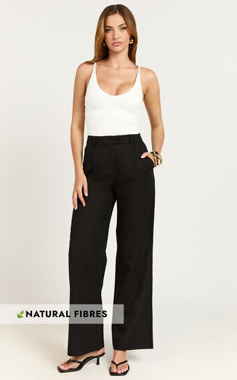 Esme Linen Blend Pants - Mid Waist Straight Leg Pants in Black