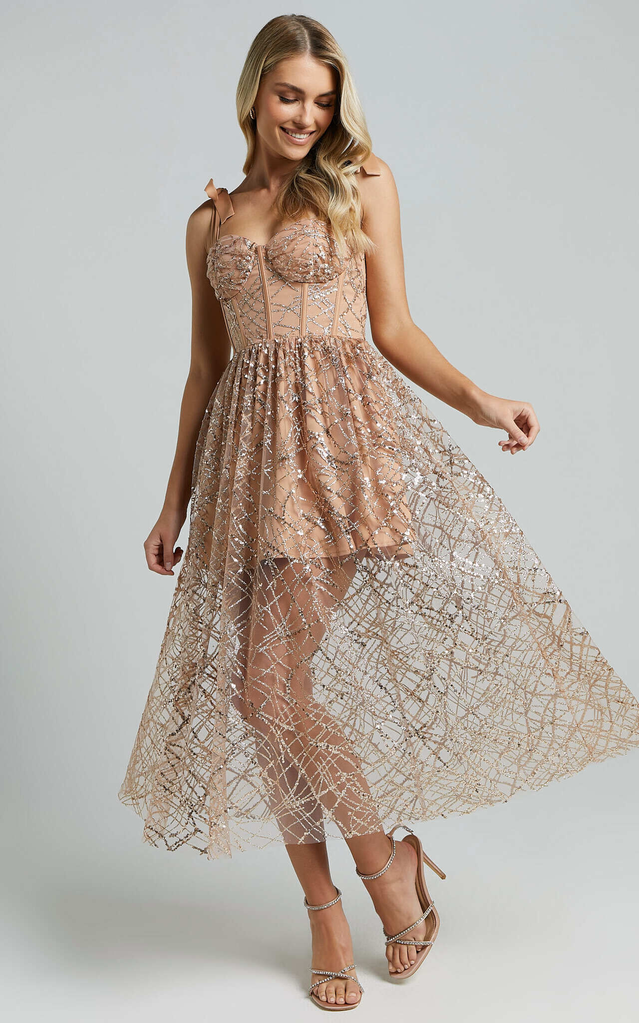 Rimea Midi Dress Tie Shoulder Bustier Bodice Glitter Tulle Dress in Gold
