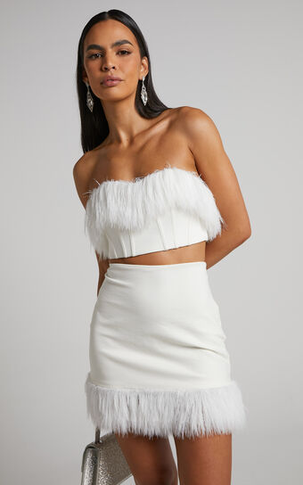 Rhaiza Mini Skirt  Faux Feather Trim High Waisted in White