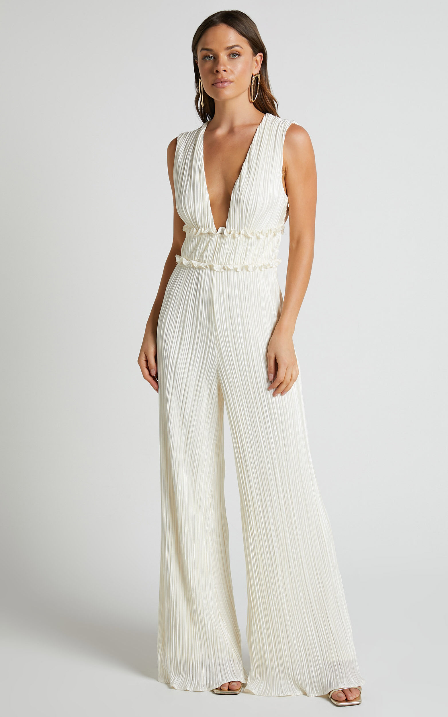Armida Jumpsuit - Plunge Neck Wide Leg Plisse Jumpsuit in Cream - 04, CRE2