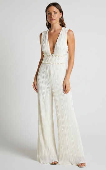 Armida Jumpsuit - Plunge Neck Wide Leg Plisse Jumpsuit in Cream