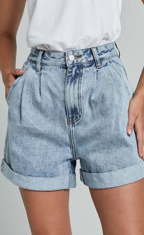 Amalie The Label - Jaylin Recycled Cotton High Waisted Denim Shorts in Light Blue Wash