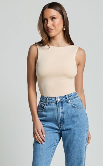 Ollie Bodysuit - Boat Neck Low Back Bodysuit in Stone