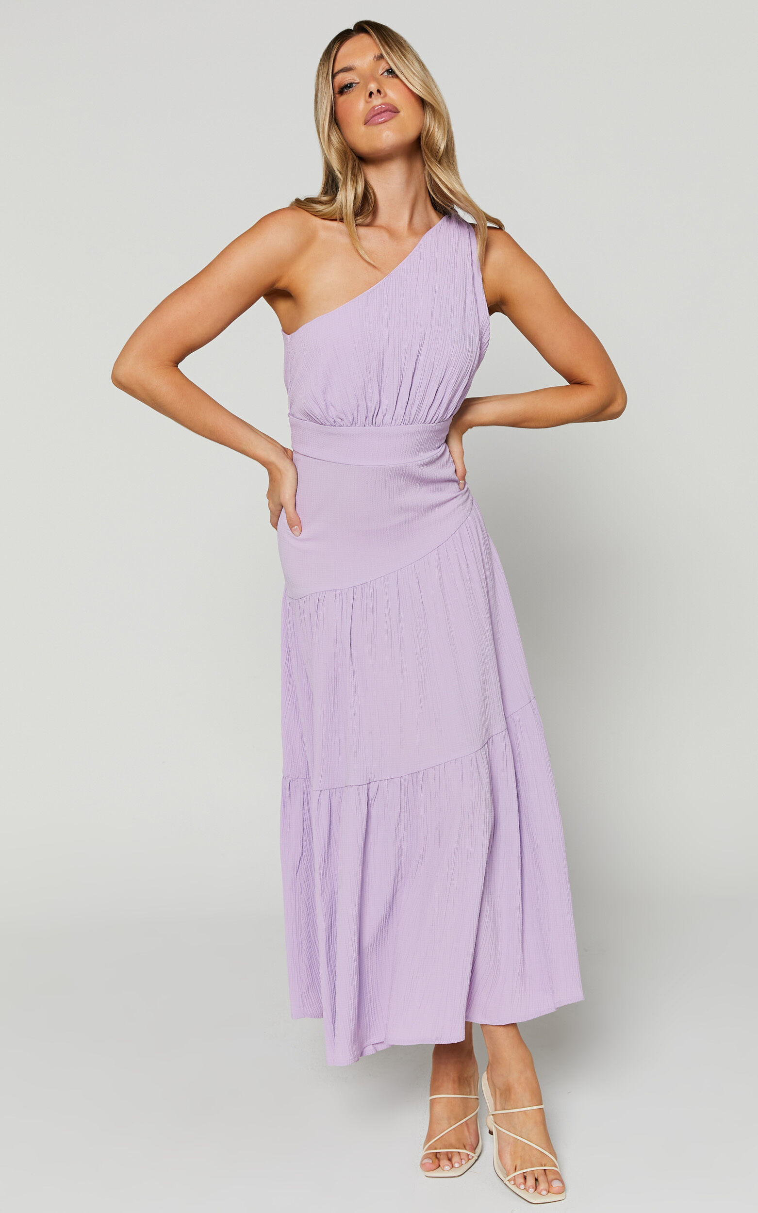 Celestia Midi Dress Tiered One Shoulder Dress in Lavender Showpo EU