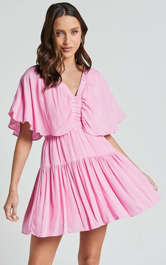 Heidi Mini Dress - Ruffle sleeve Tiered Dress in Pink