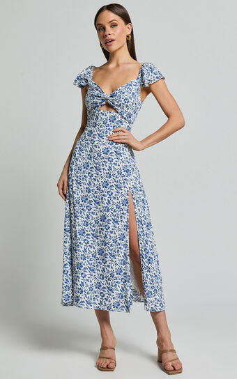 Sally Midi Dress - Flutter Sleeve Cut Out Thigh Split Dress in Blue Floral