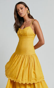 Amalie The Label - Cameo Linen Blend Low Back Tiered Midi Dress in Warm Yellow Gold