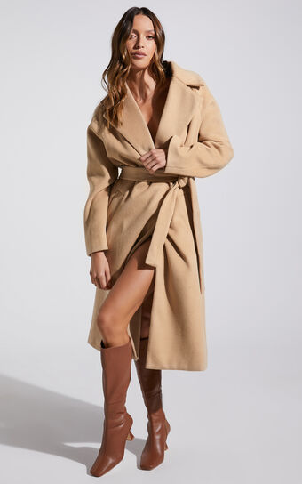 Mariles Coat - Belted Wrap Coat in Camel